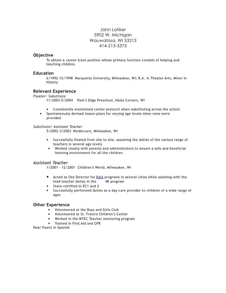 preschool teacher assistant resume