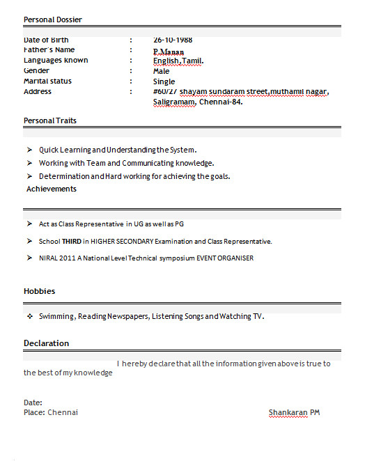 sample resume format for b pharm freshers