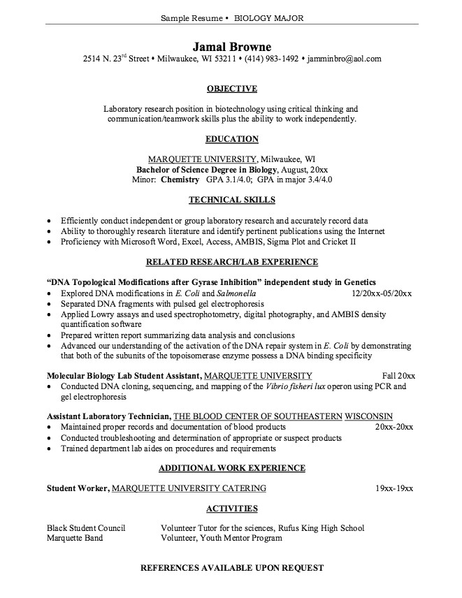 Sample Resume for Biology Major Biology Resume Sample Best Professional Resumes Letters