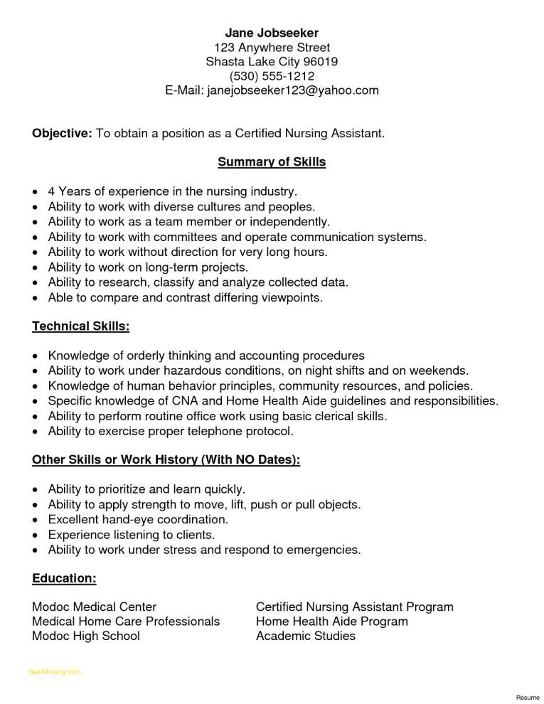 sample resume for cna with no previous experience