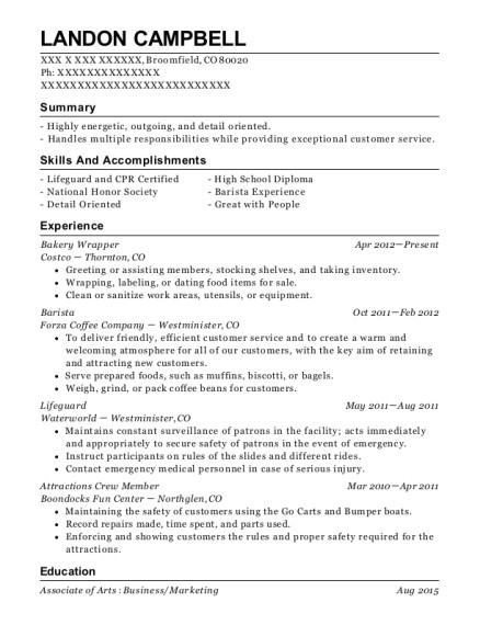 resume for costco