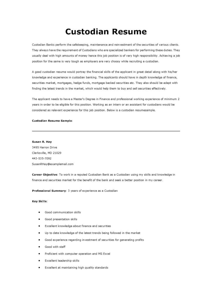 Sample Resume for Custodial Worker Custodian Resume Template Resume Builder