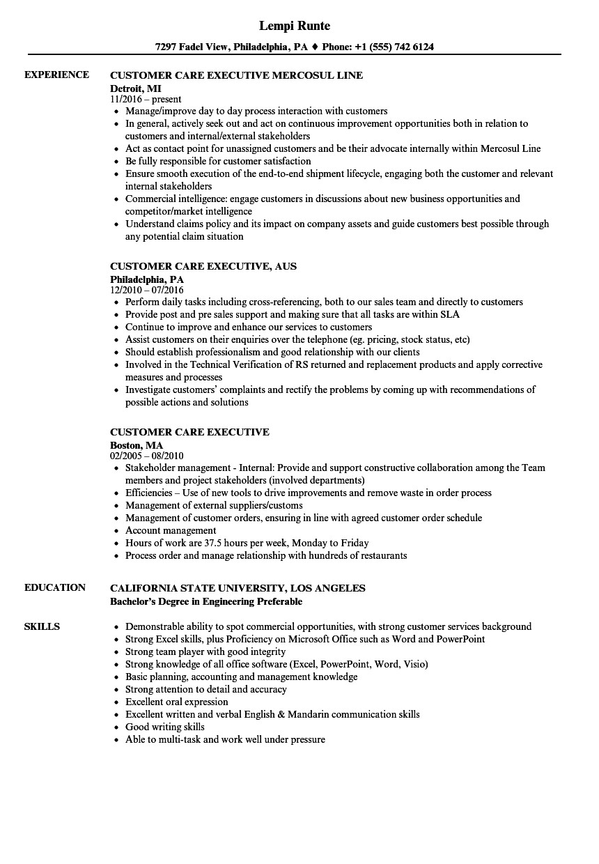 resume for customer care executive
