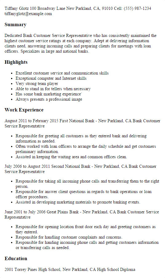 Sample Resume for Customer Service Representative In Bank 1 Bank Customer Service Representative Resume Templates