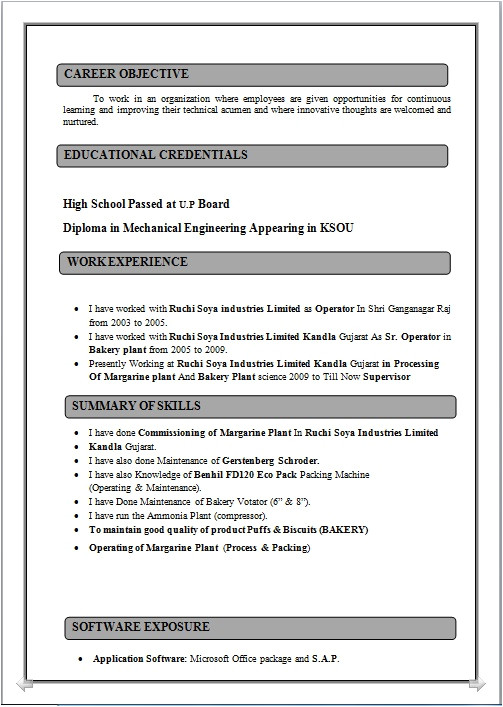 resume sample of diploma in mechanical