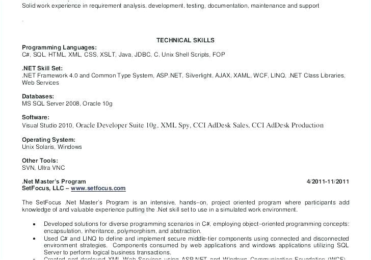sample resume for dot net developer experience 2 years