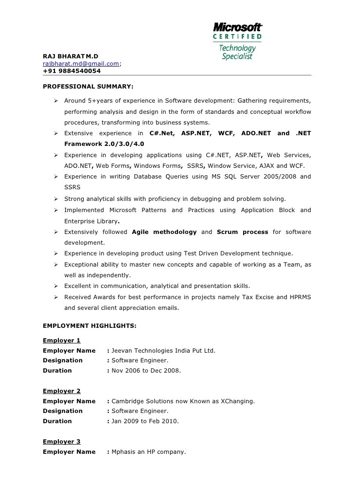 net resume sample