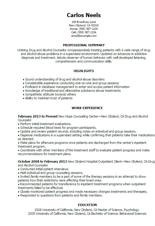 Sample Resume for Drug and Alcohol Counselor Professional Drug and Alcohol Counselor Templates to