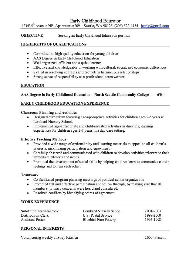 early childhood education resume sample