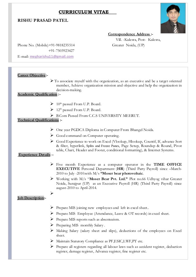 resume for hr executive payroll esic pf