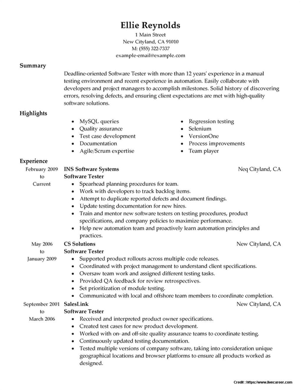 resume templates for experienced software testing professionals
