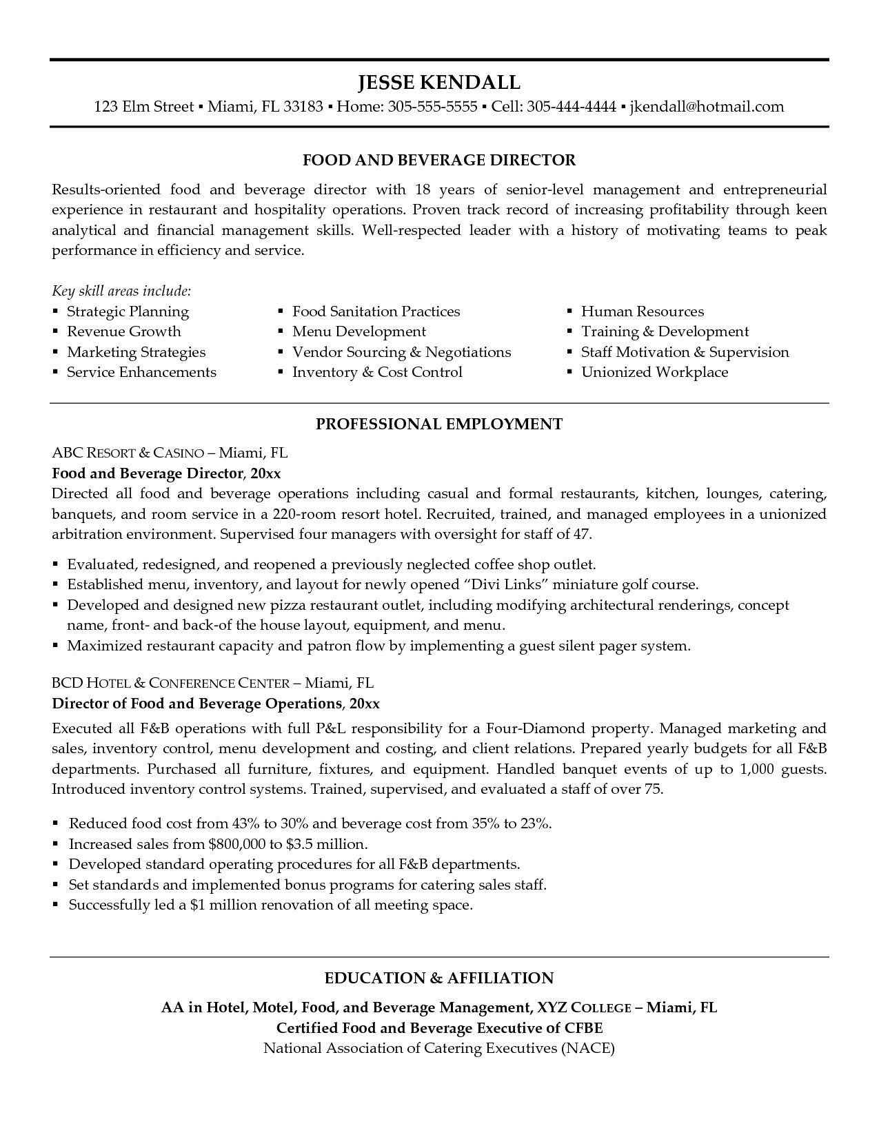 food and beverage manager resume 1550