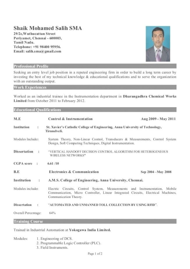sample resume for fresher mechanical engineering student