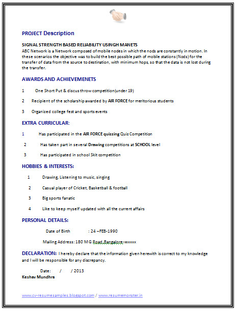Sample Resume for Freshers Engineers Computer Science Over 10000 Cv and Resume Samples with Free Download
