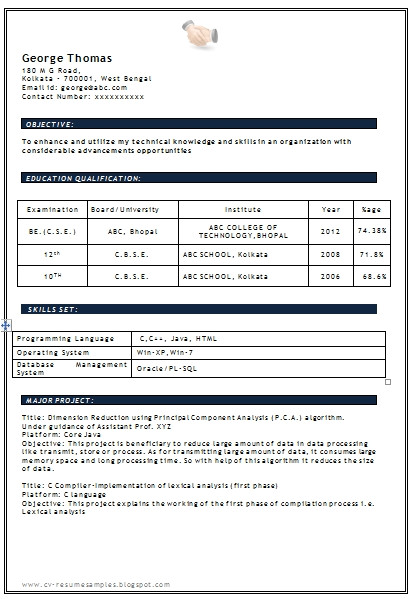 resume format for freshers engineers computer science