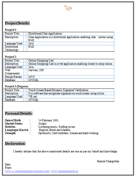 sample resume format for freshers computer engineers