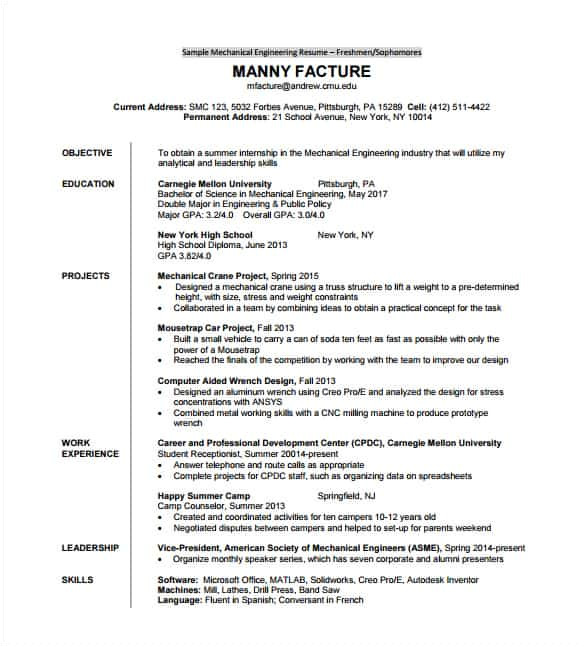 Sample Resume for Freshers Engineers Pdf Download 14 Resume Templates for Freshers Pdf Doc Free