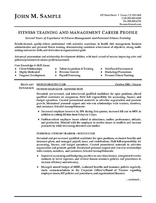 Sample Resume for Gym Instructor Fitness Trainer Resume Example