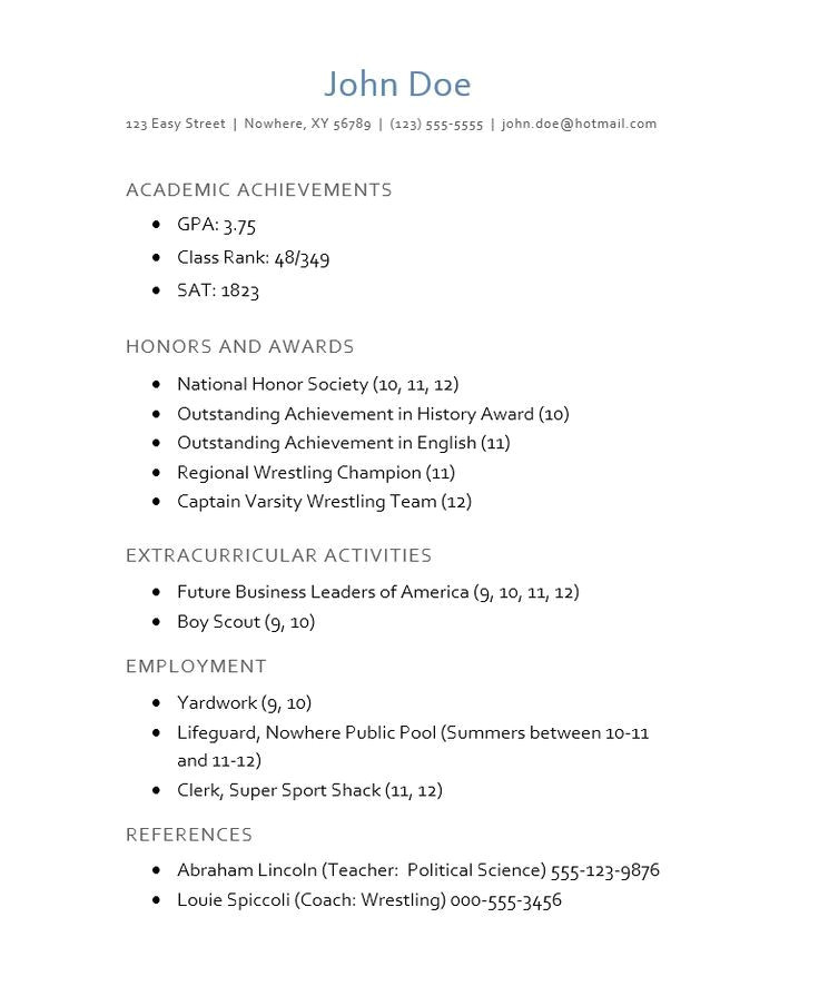 sample high school student resume for college application