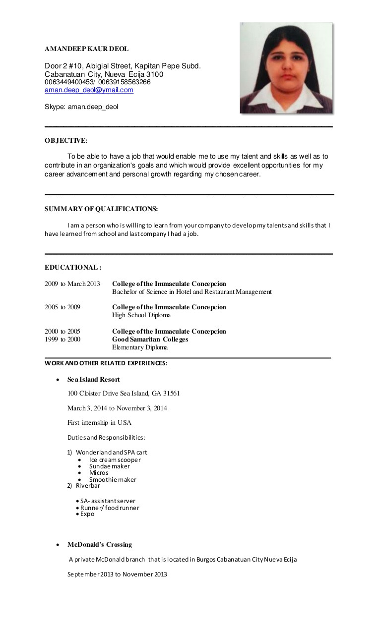 sample resume for hotel and restaurant management 1283