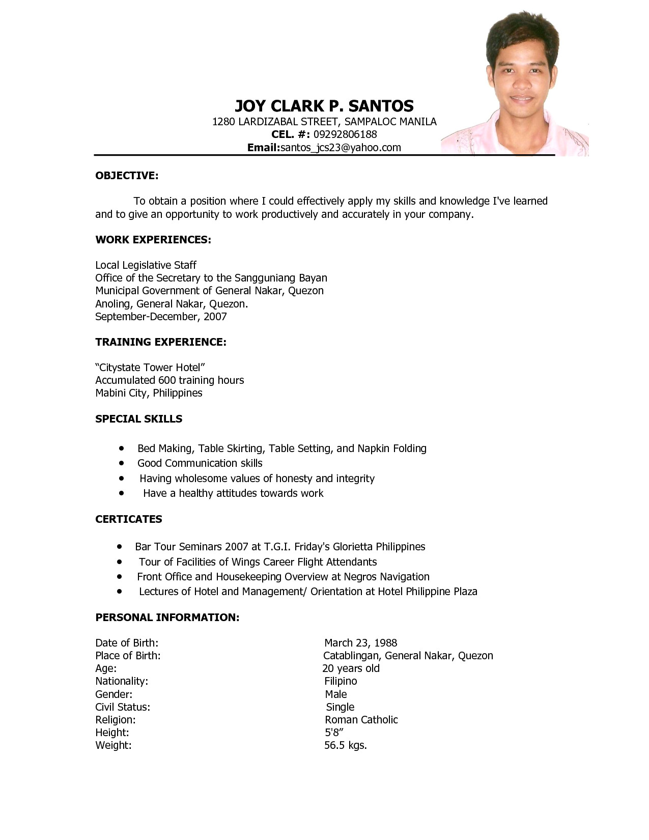 sample resume for hotel and restaurant management 1283