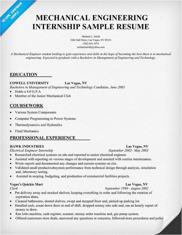 Sample Resume for Internship In Mechanical Engineering Mechanical Engineering Internship Resume Sample