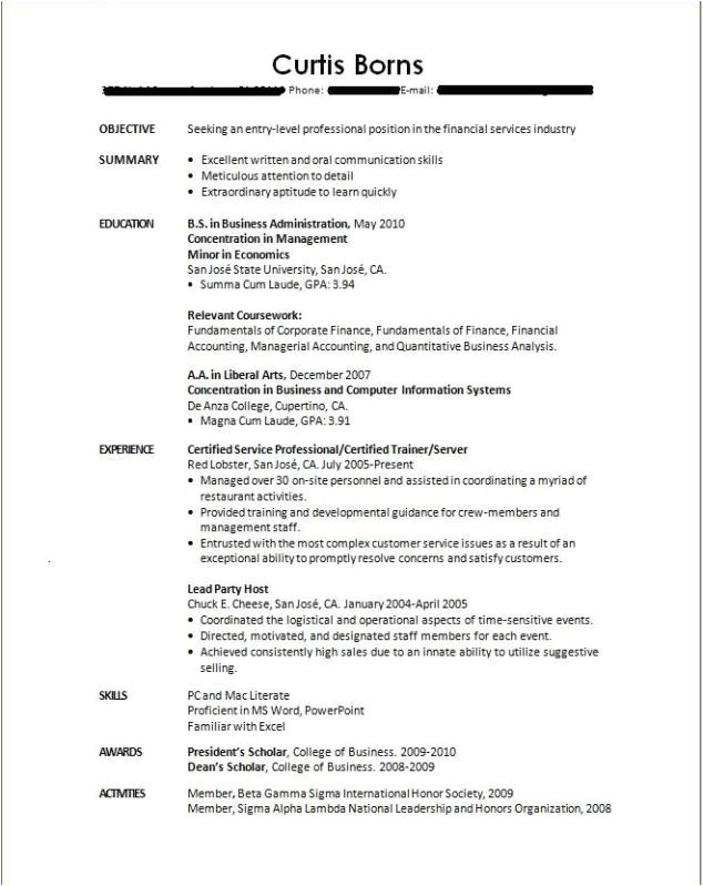 sample resume for finance student with no experience