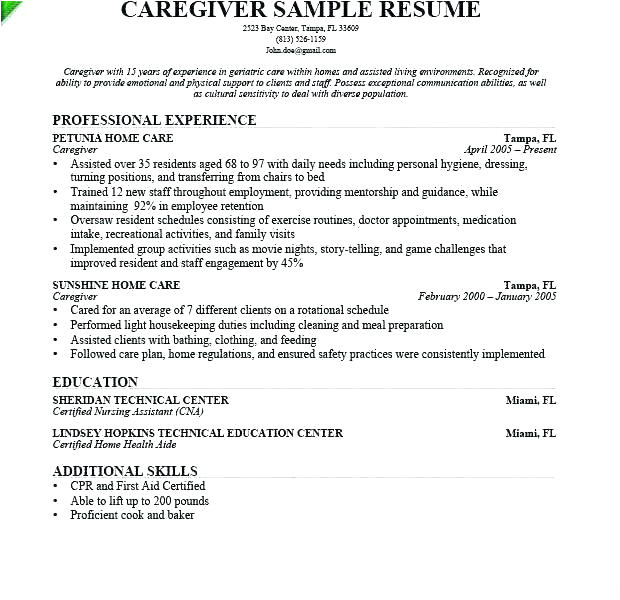 sample resume for live in caregiver in canada