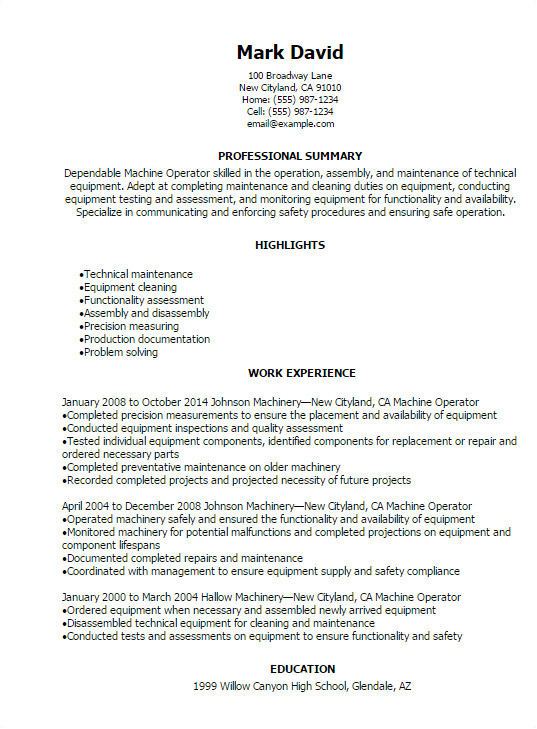 Sample Resume for Machine Operator Position 1 Machine Operator Resume Templates Try them now