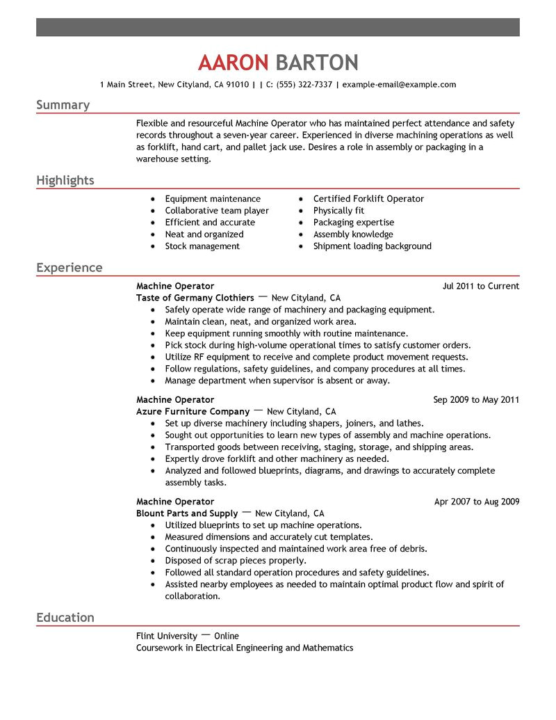 simple resume machine operator job descriptions
