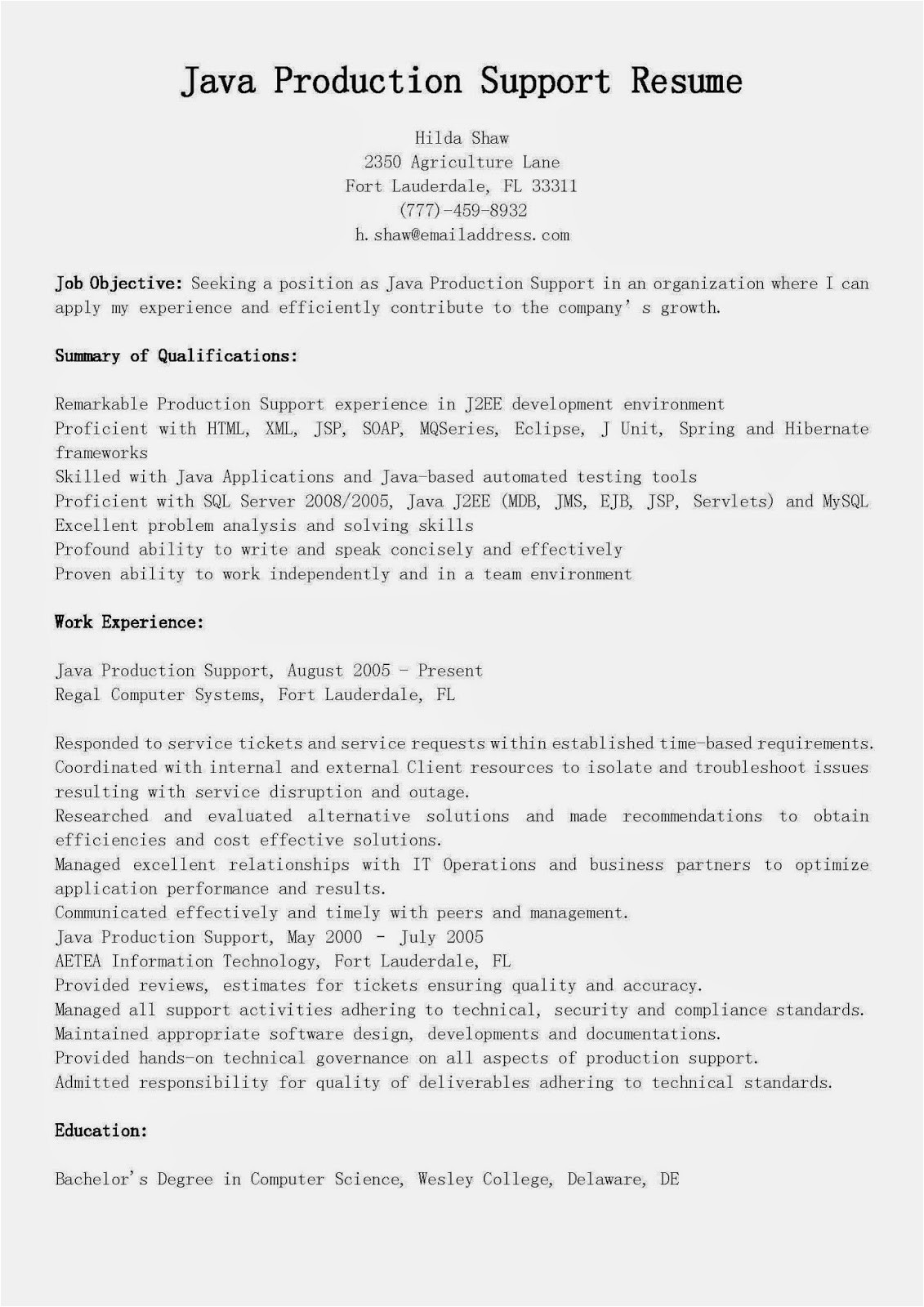 java production support resume sample