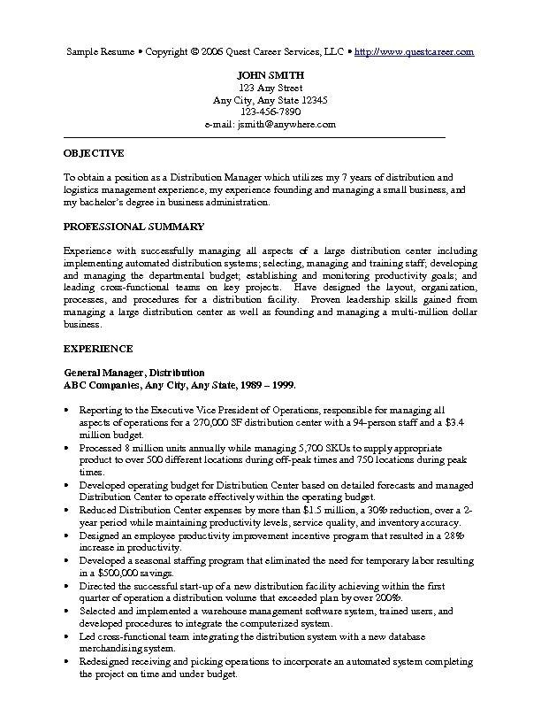 sample resume management position