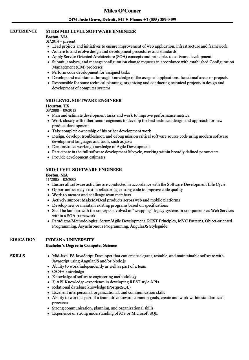 mid level software engineer resume sample
