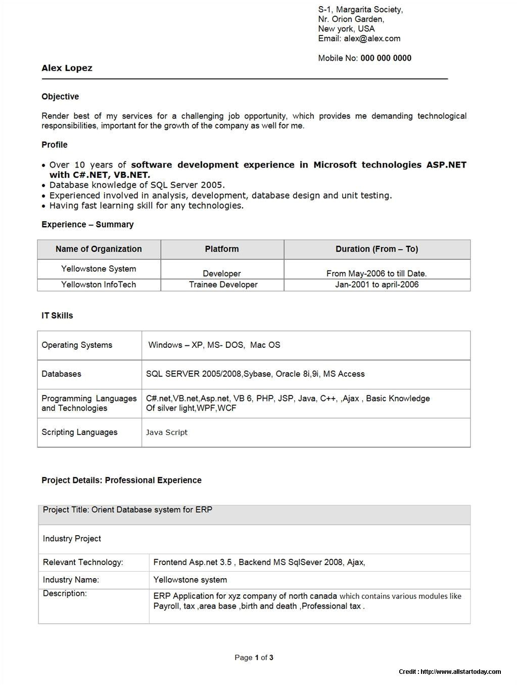 Sample Resume for Net Developer Fresher Sample Resume Of Net Developer Fresher Resume Resume