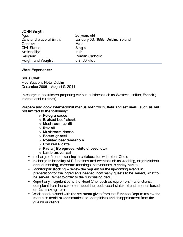 Sample Resume for Overseas Jobs Sample Chef Cv for Overseas Jobs