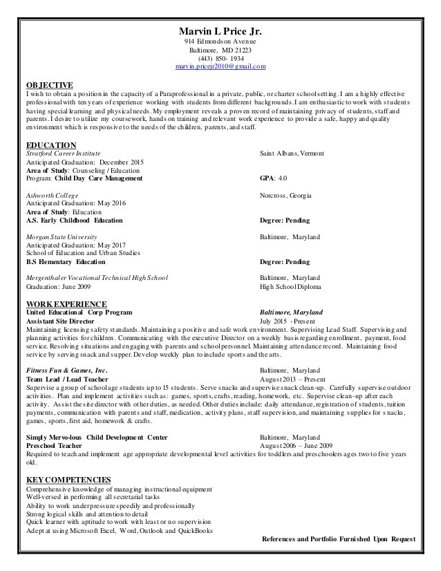 paraprofessional resume 2015