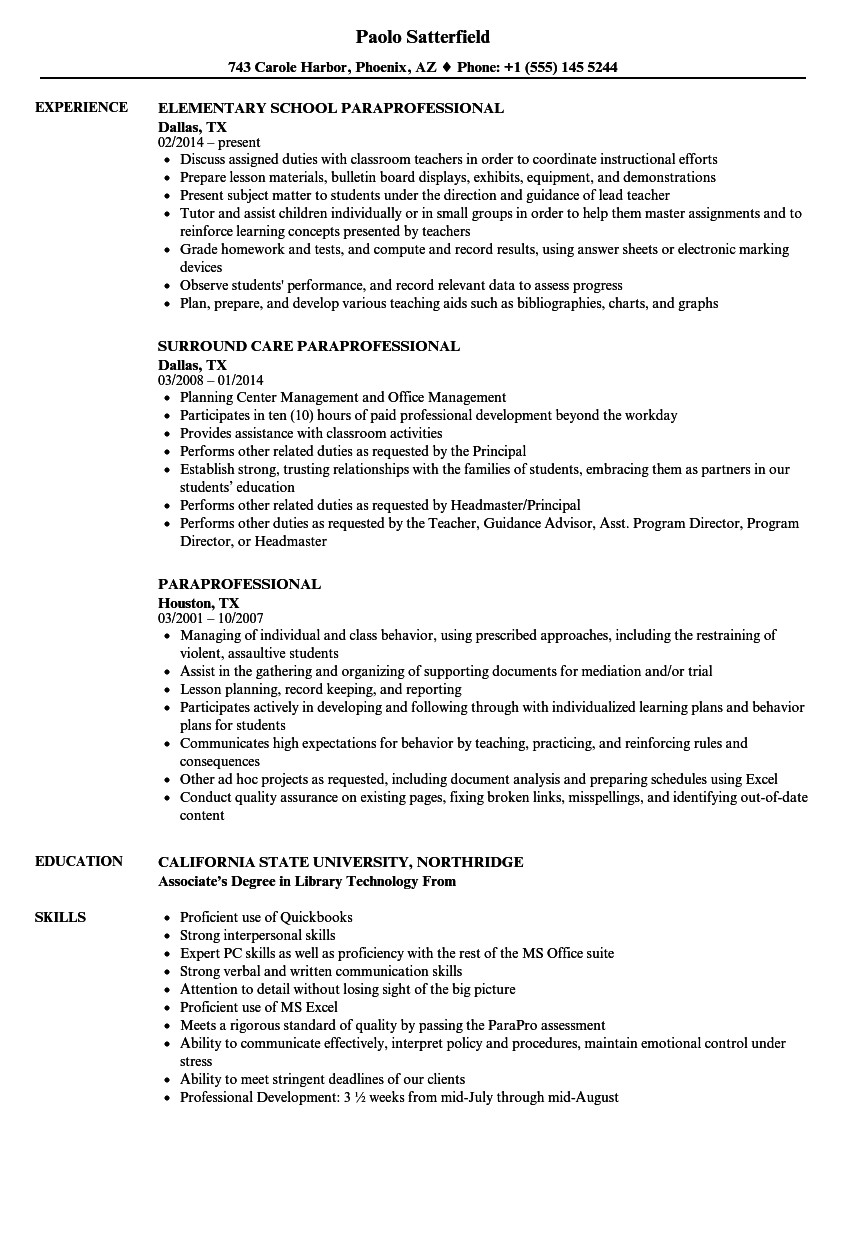 paraprofessional resume sample