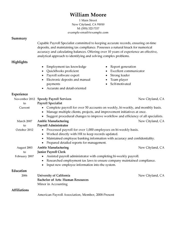 payroll specialist resume sample