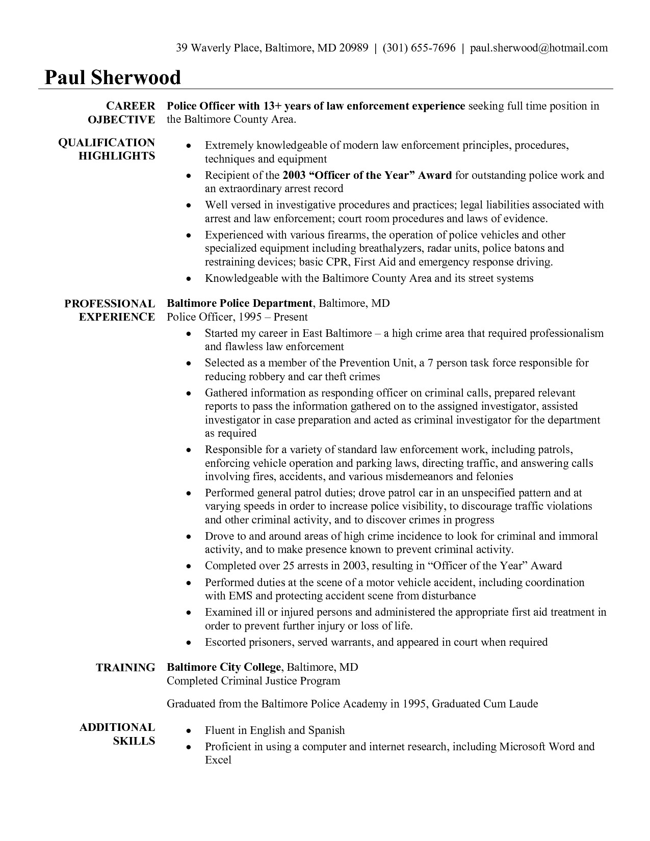 Sample Resume for Police Officer with No Experience Resume for Police Officer with No Experience Free