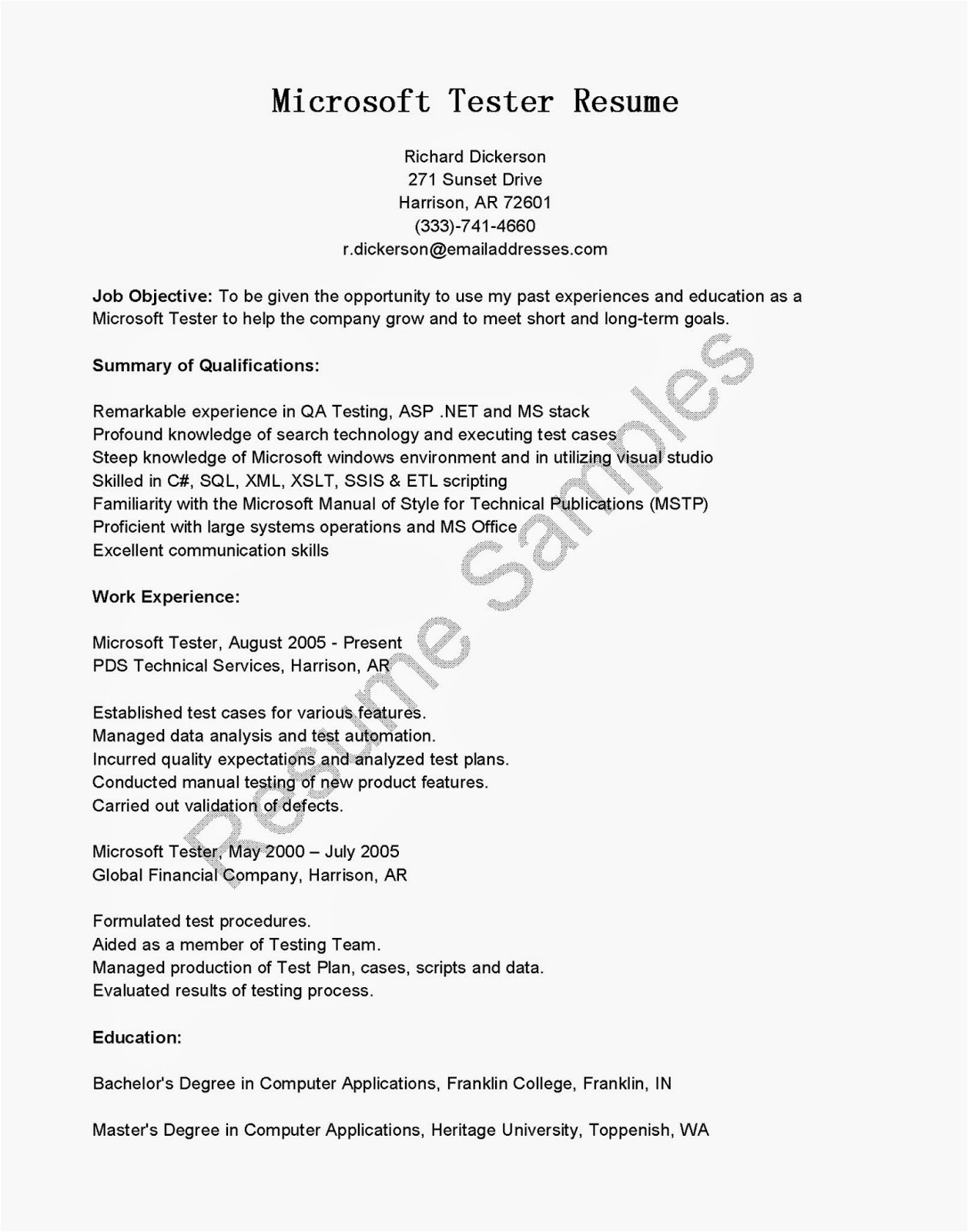 qtp automation tester resume