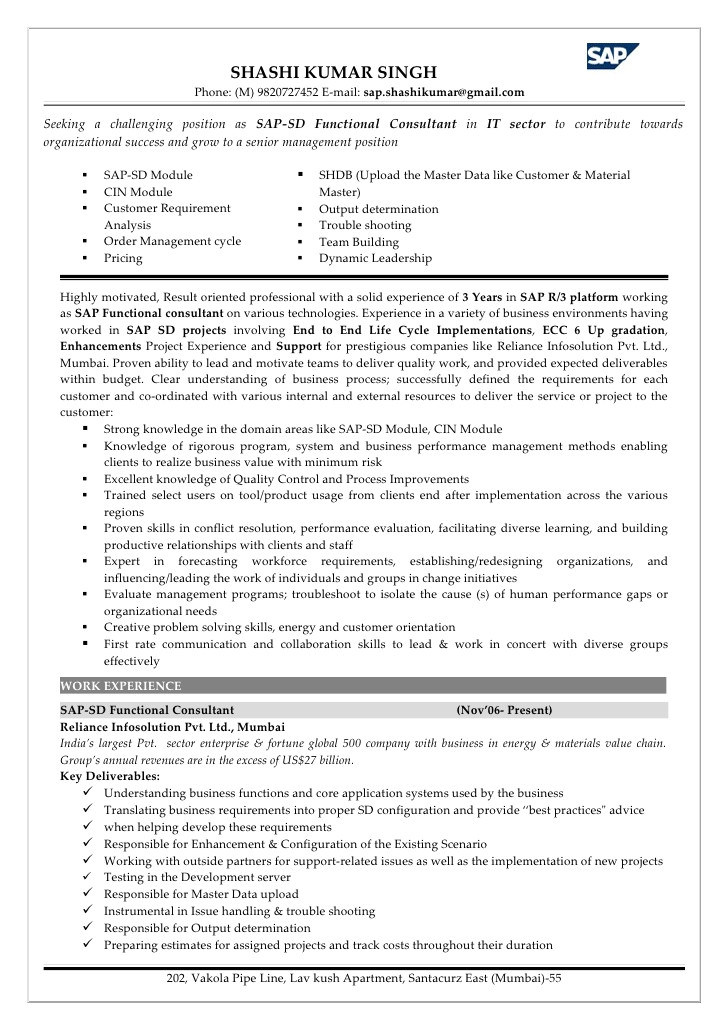 sap sd consultant resume sample