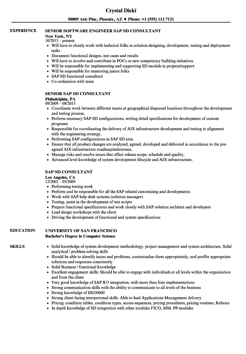 sap sd consultant resume sample