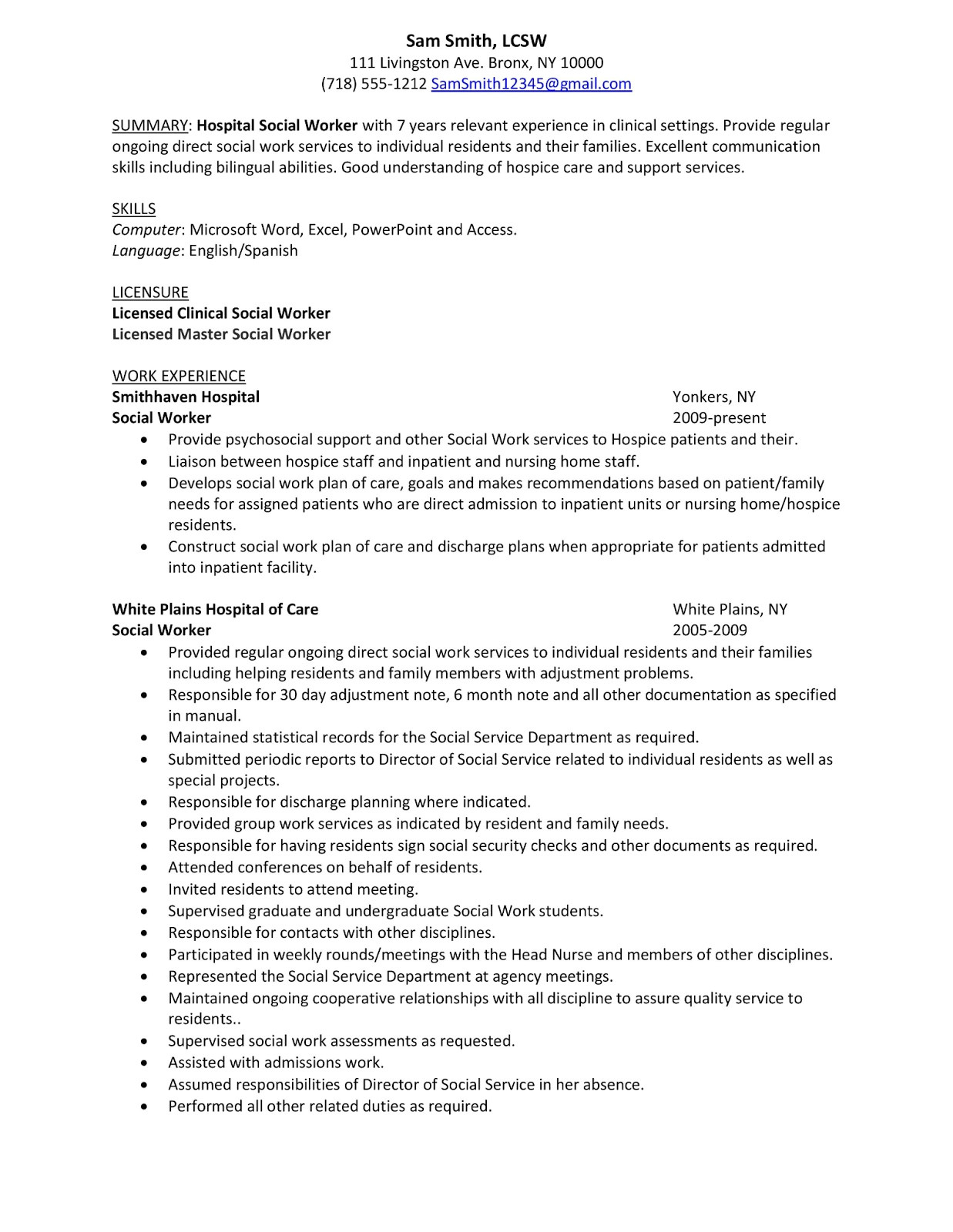 sample resume hospital social worker
