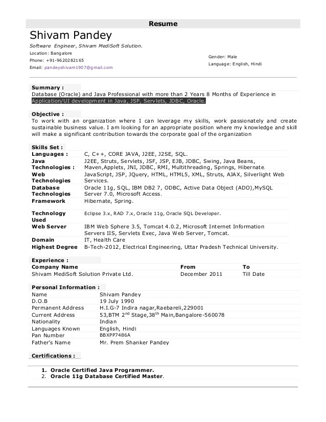 resume format for one year experience