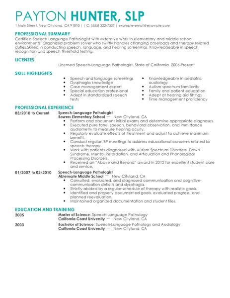 Sample Resume for Speech Language Pathologist Best Speech Language Pathologist Resume Example Livecareer
