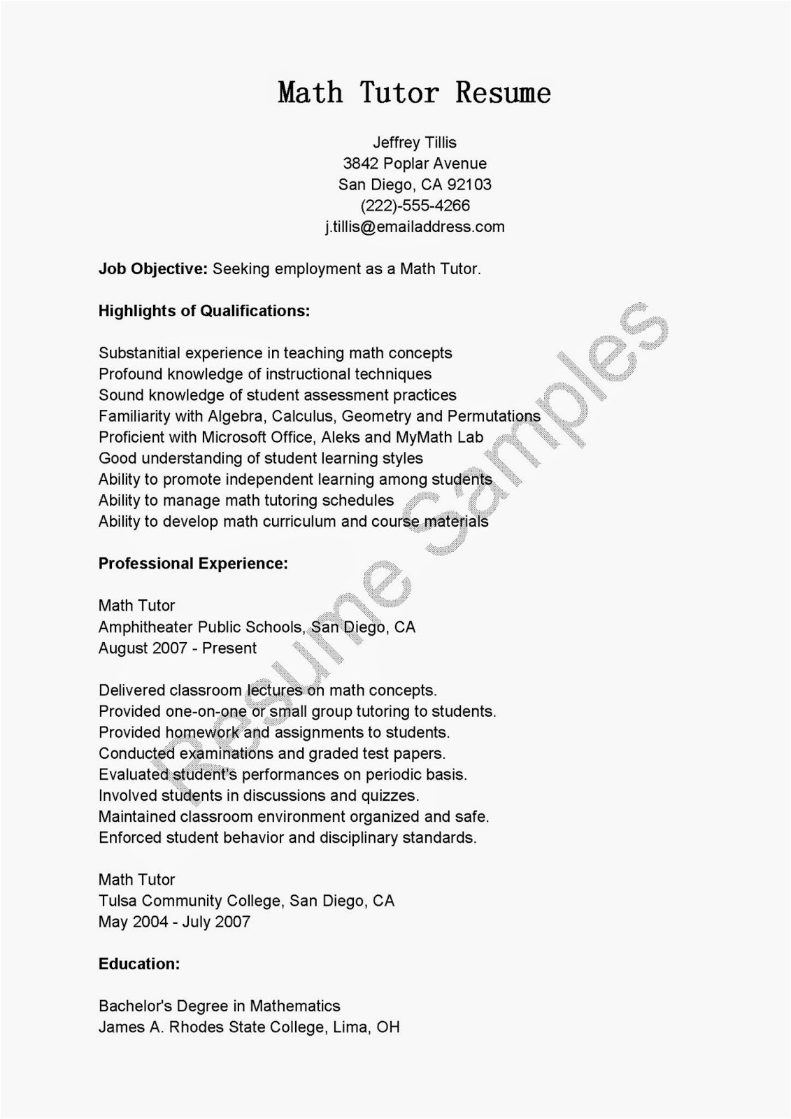 math tutor resume sample