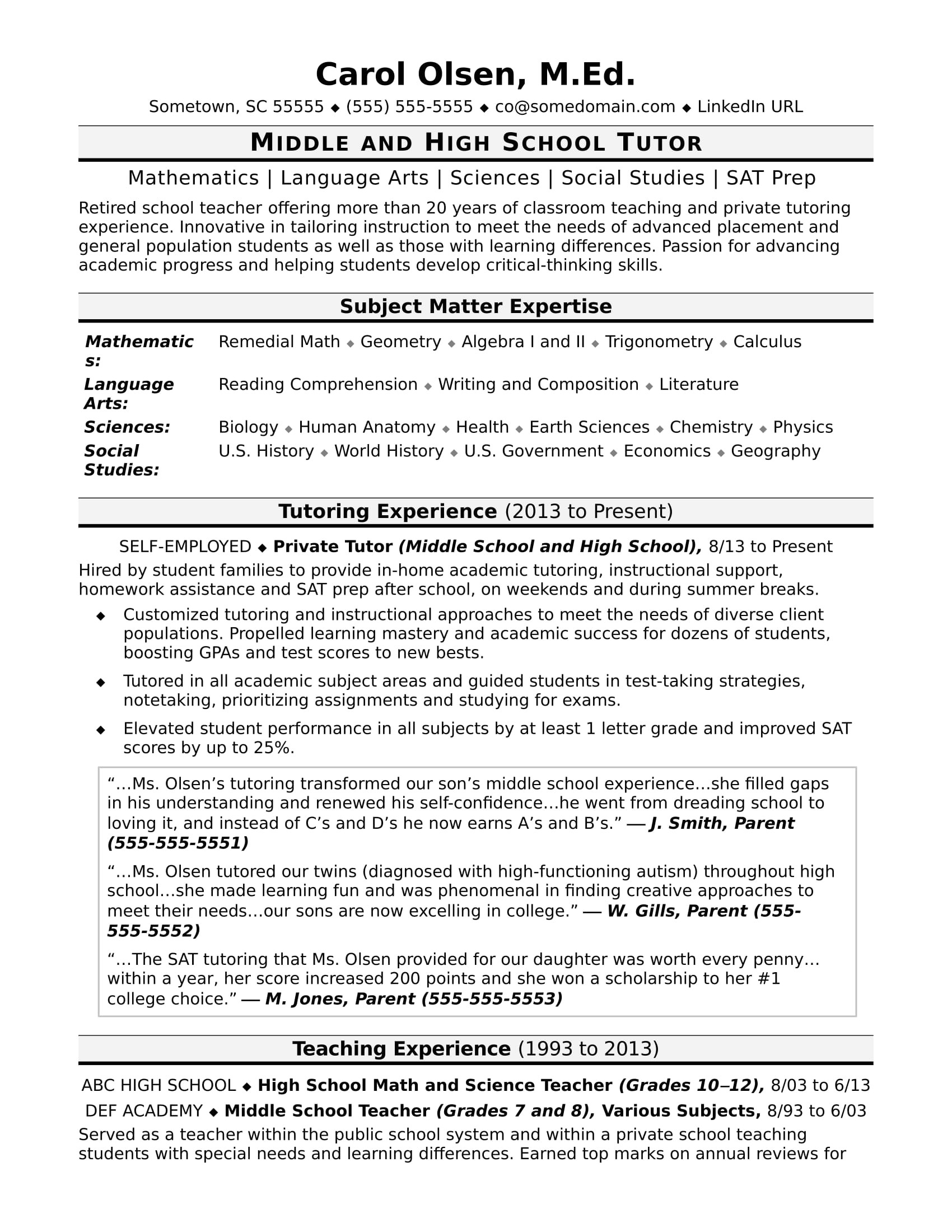 tutor resume sample