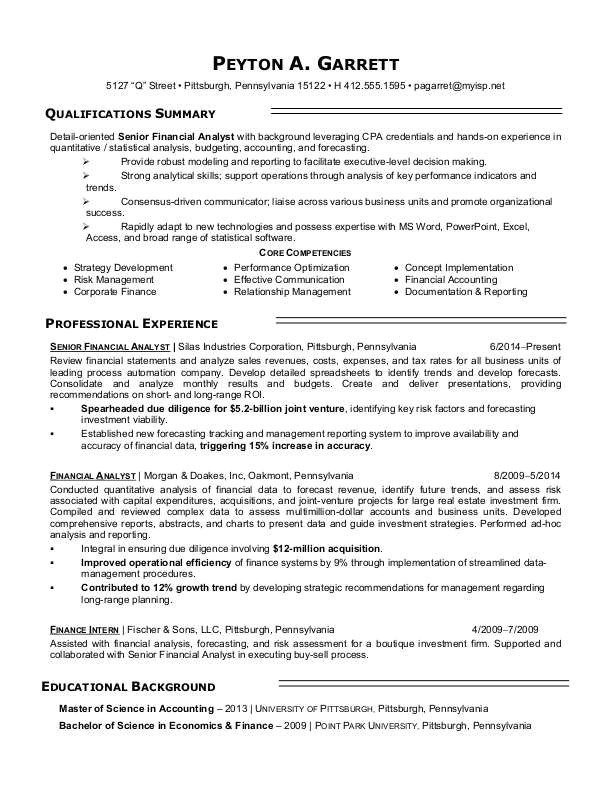 sample resume financial analyst