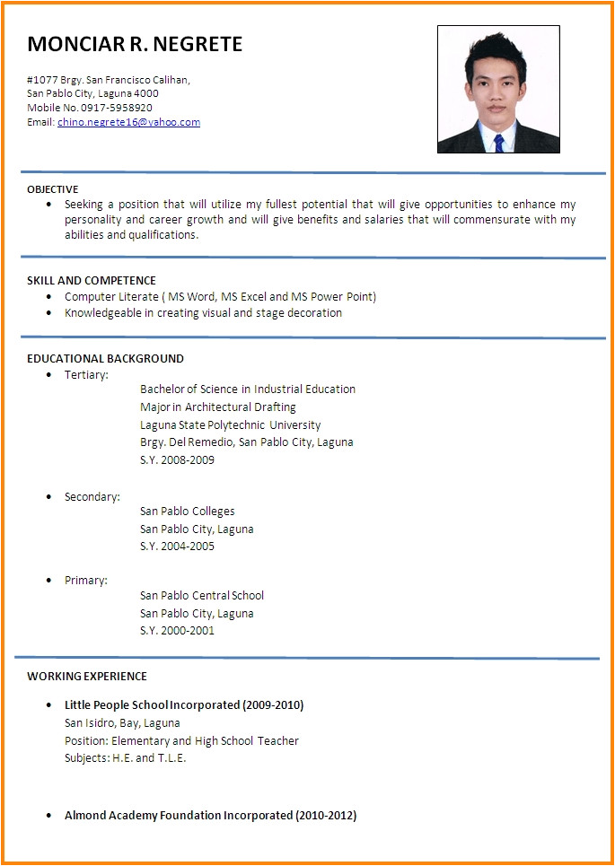 sample resume for teacher applicant