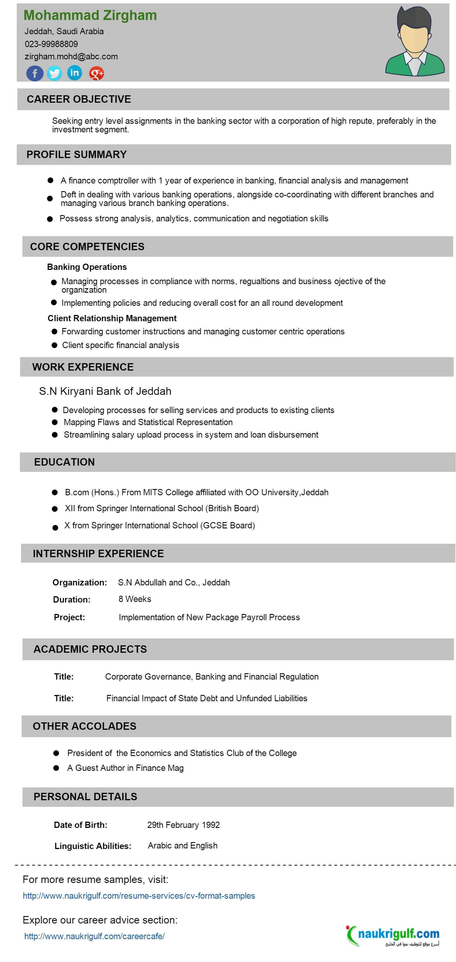 resume format for banking finance job